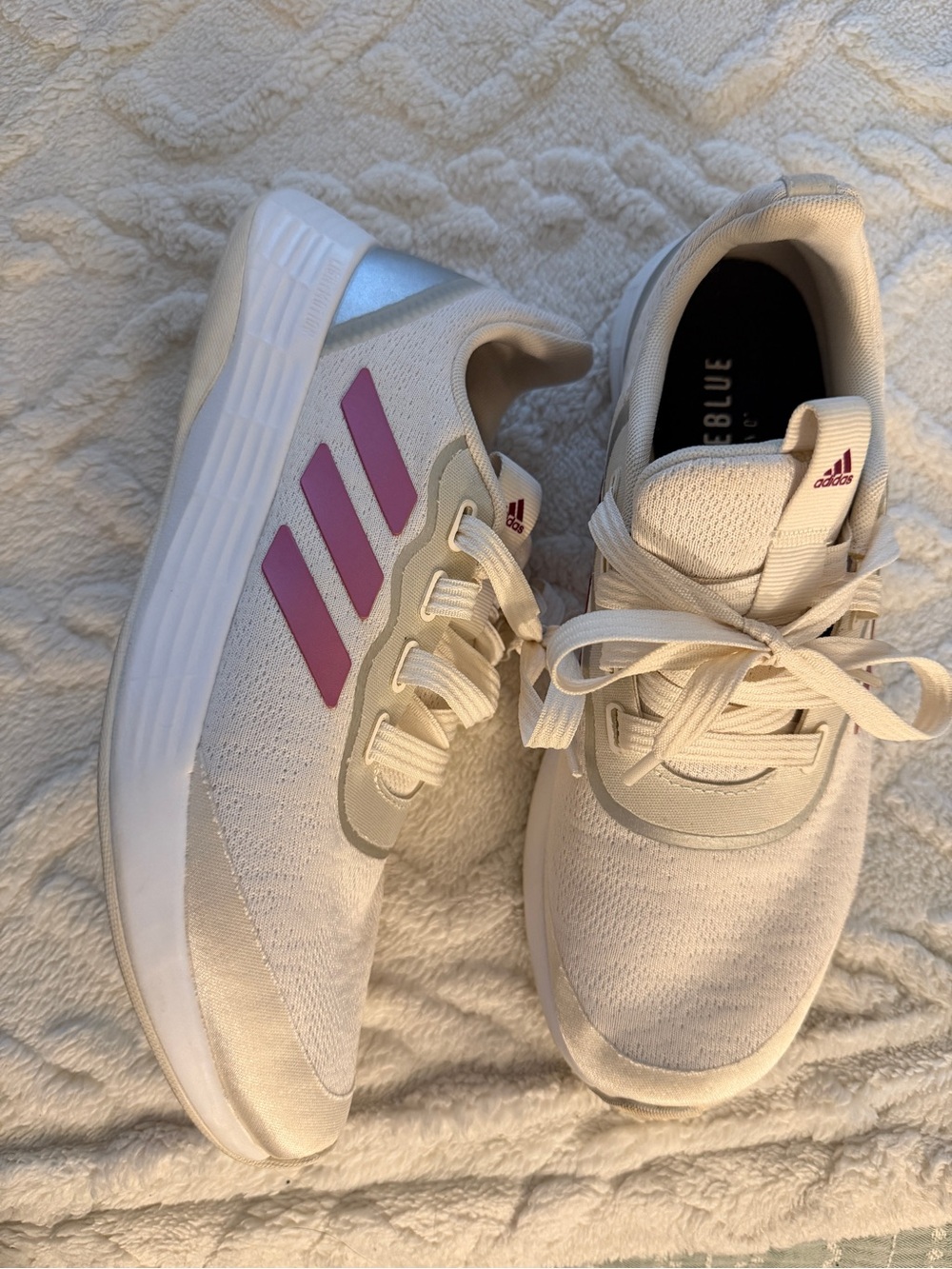 adidas Women's Cream Knit Running Sneakers with Pink Three-Stripes